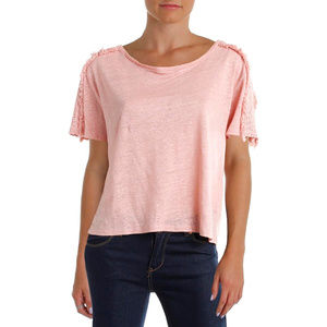 Guess Linen Ribbed Trim Casual Crochet Inset Top